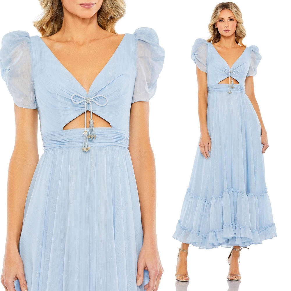 Mac Duggal Light Blue Midi Dress with Puff Sleeves & Cutout